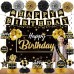 Zirtorei 20Pcs Black and Gold Birthday Party Decorations Kit for Men Women, Happy Birthday Banner Backdrop Honeycomb Centerpiece, Happy Birthday Hanging Swirl Table Topper Sash Paper Pompoms Set